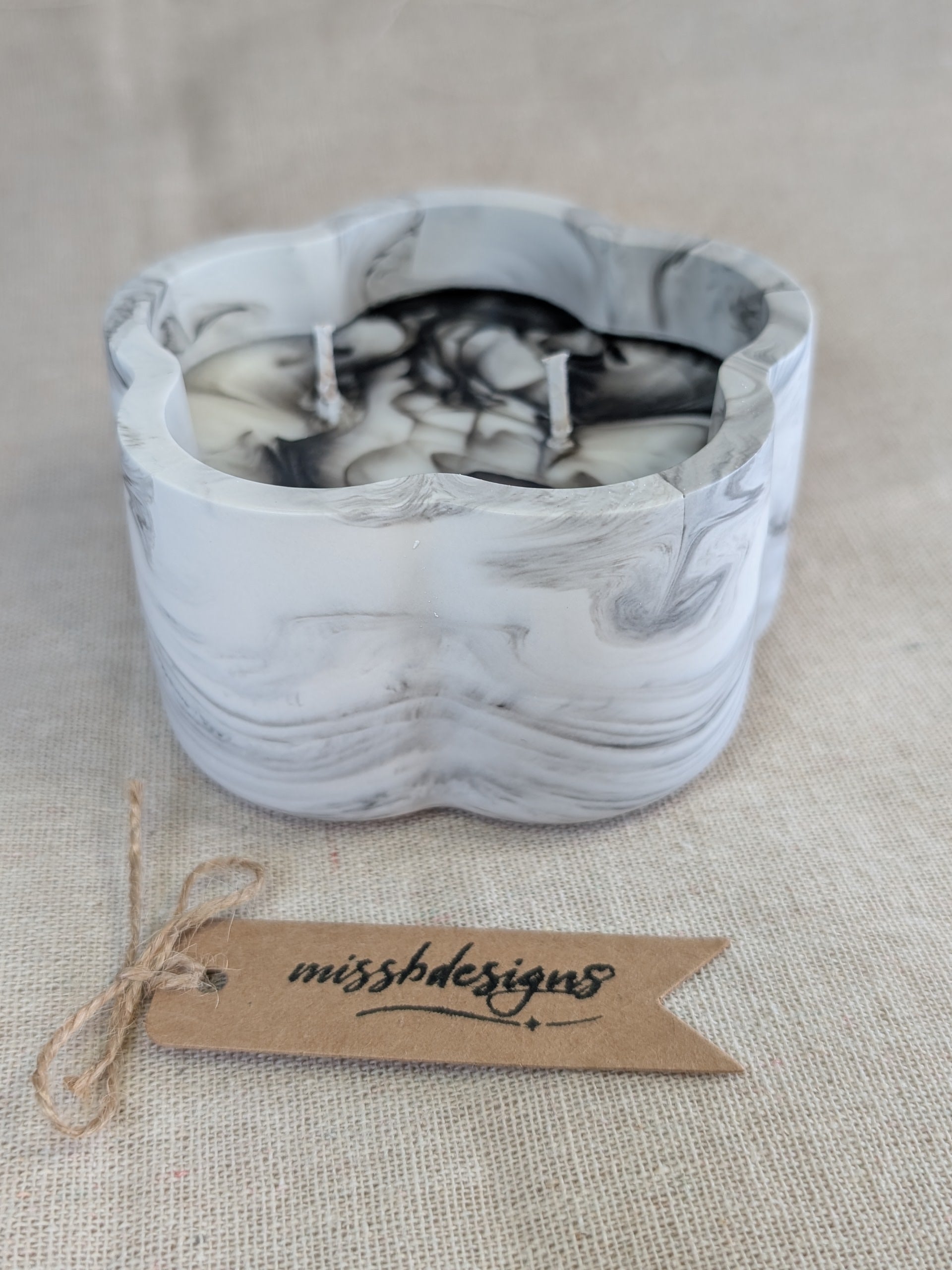 Scented candle in black marble hand crafted eco resin flower shaped container perfect gift