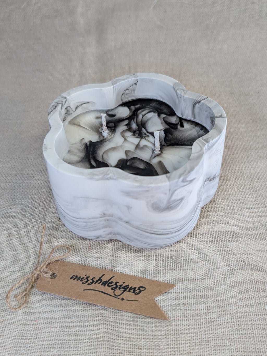 Scented candle in black marble hand crafted eco resin flower shaped container perfect gift