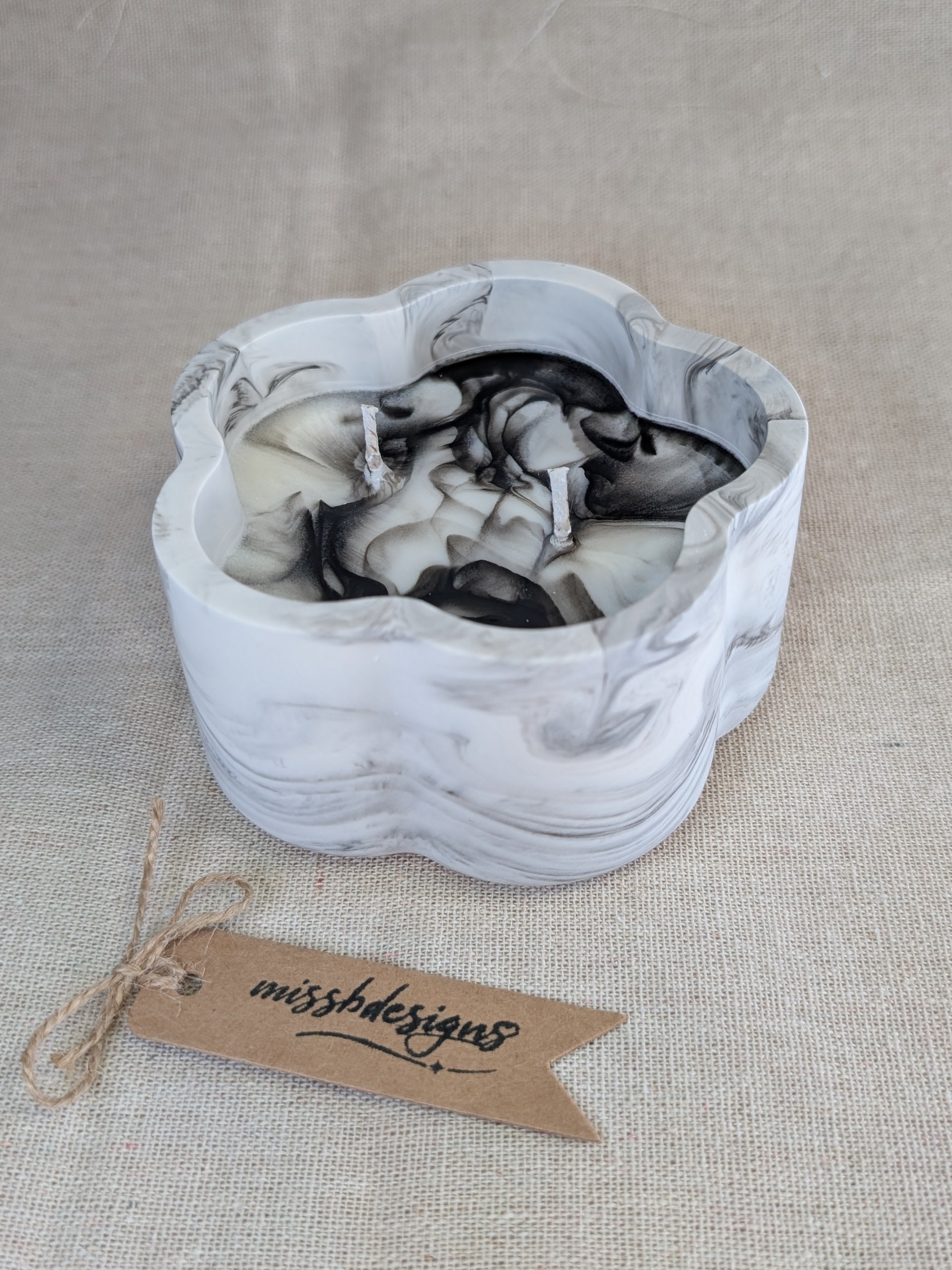 Scented candle in black marble hand crafted eco resin flower shaped container perfect gift
