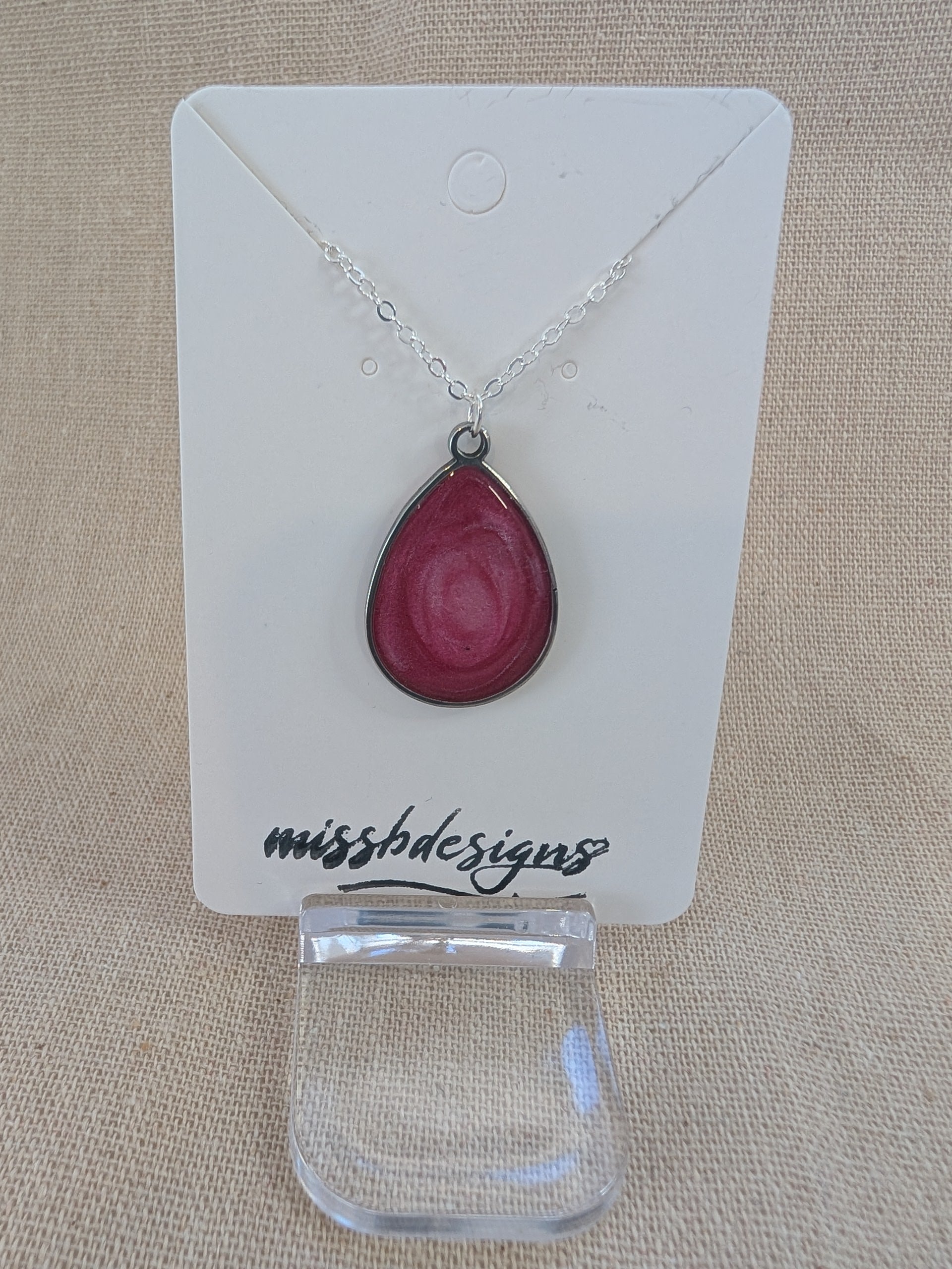 Teardrop pendant necklace with green resin centre in silver chain gift
