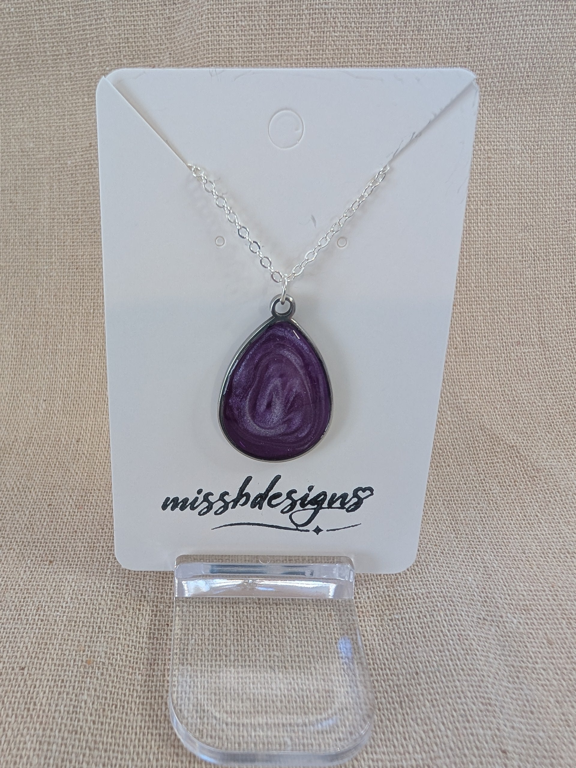 Teardrop pendant necklace with green resin centre in silver chain gift