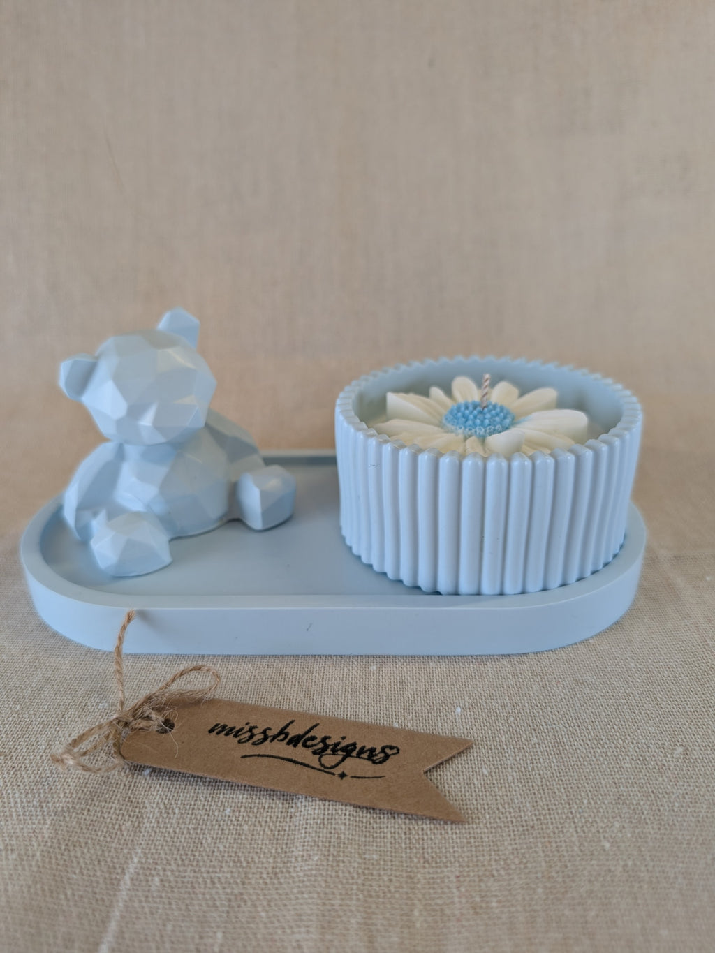 Baby shower new baby teddy and candle gift set in eco resin with soy wax  vanilla scented candle baby blue