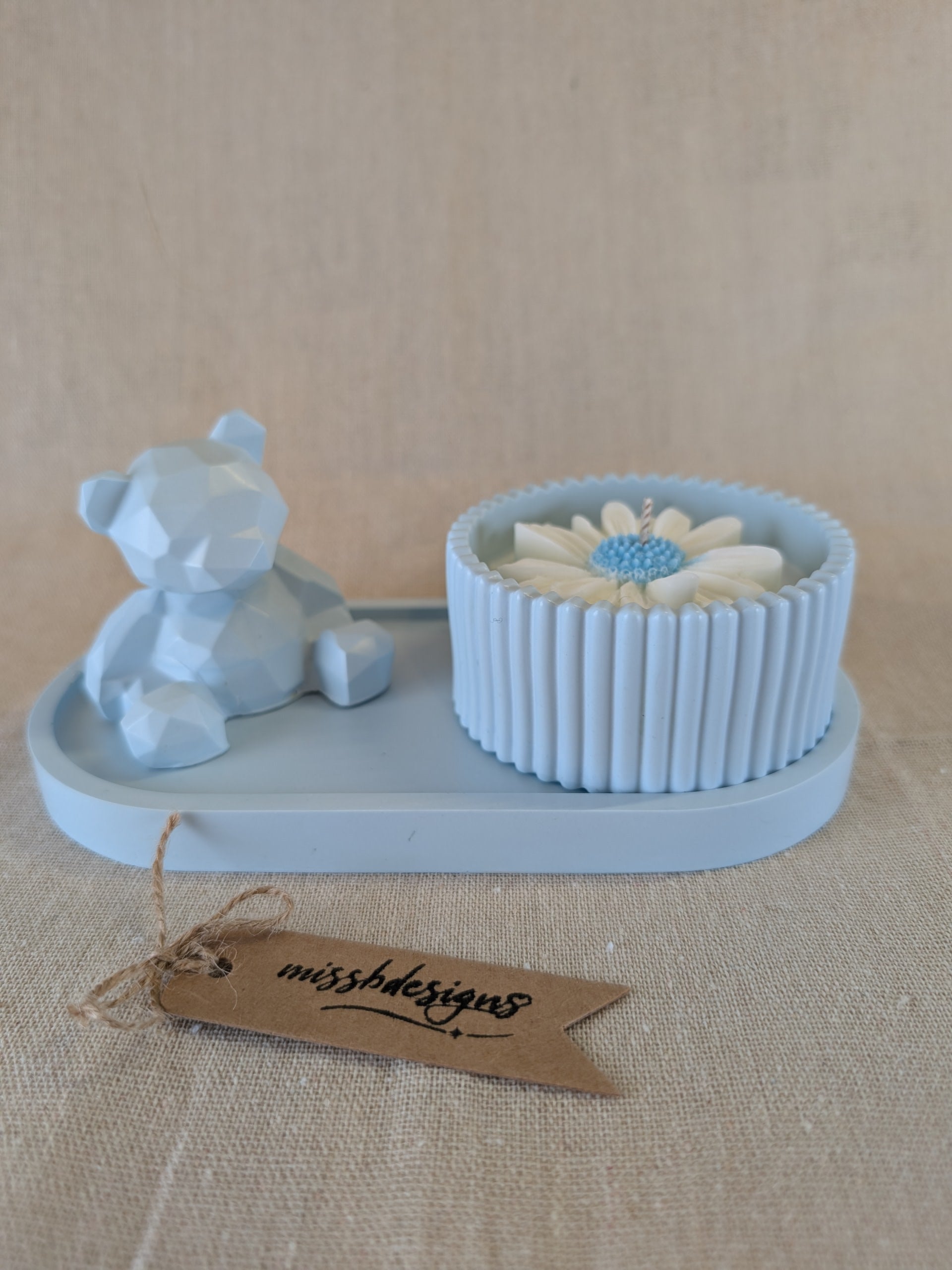 Baby shower new baby teddy and candle gift set in eco resin with soy wax  vanilla scented candle baby blue