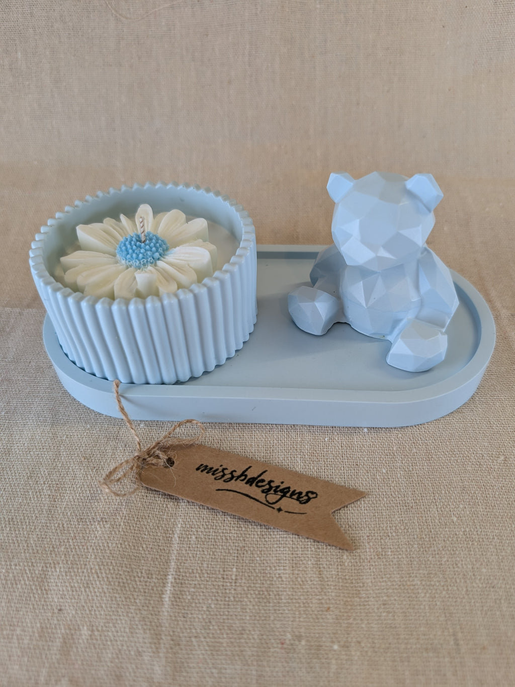 Baby shower new baby teddy and candle gift set in eco resin with soy wax  vanilla scented candle baby blue