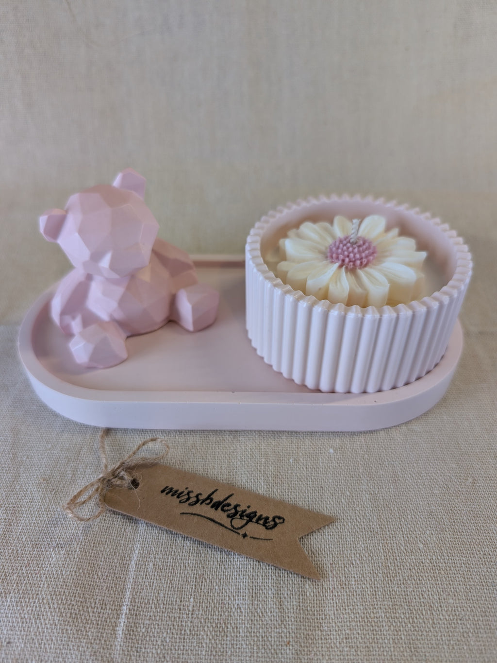 Baby shower new baby teddy and candle gift set in eco resin with soy wax  vanilla scented candle pink