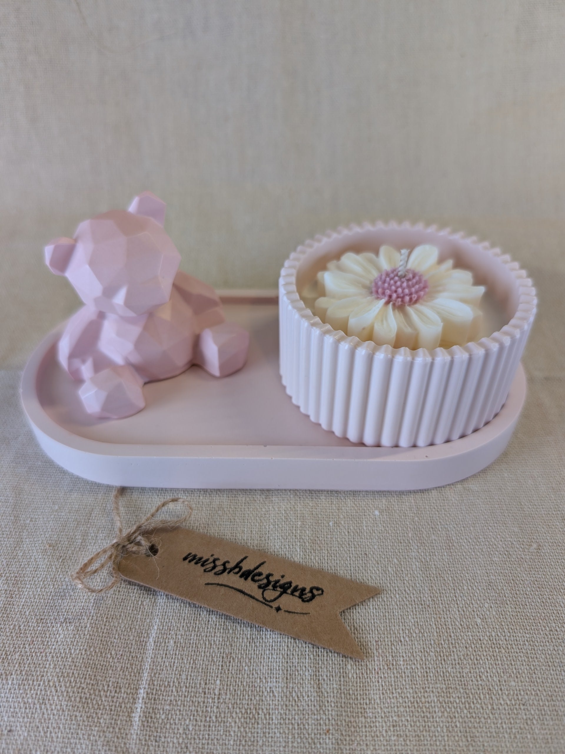 Baby shower new baby teddy and candle gift set in eco resin with soy wax  vanilla scented candle pink