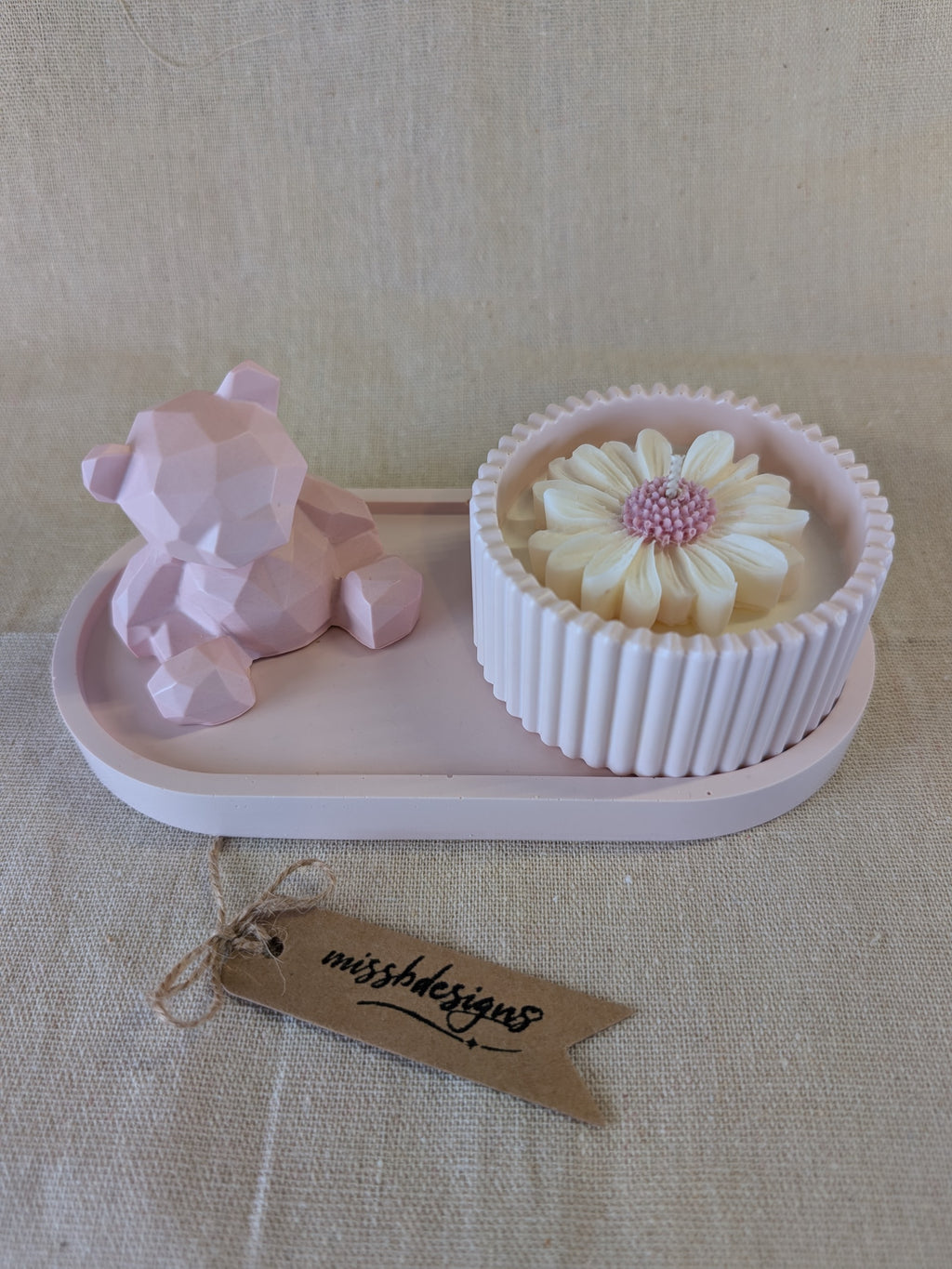 Baby shower new baby teddy and candle gift set in eco resin with soy wax  vanilla scented candle baby pink