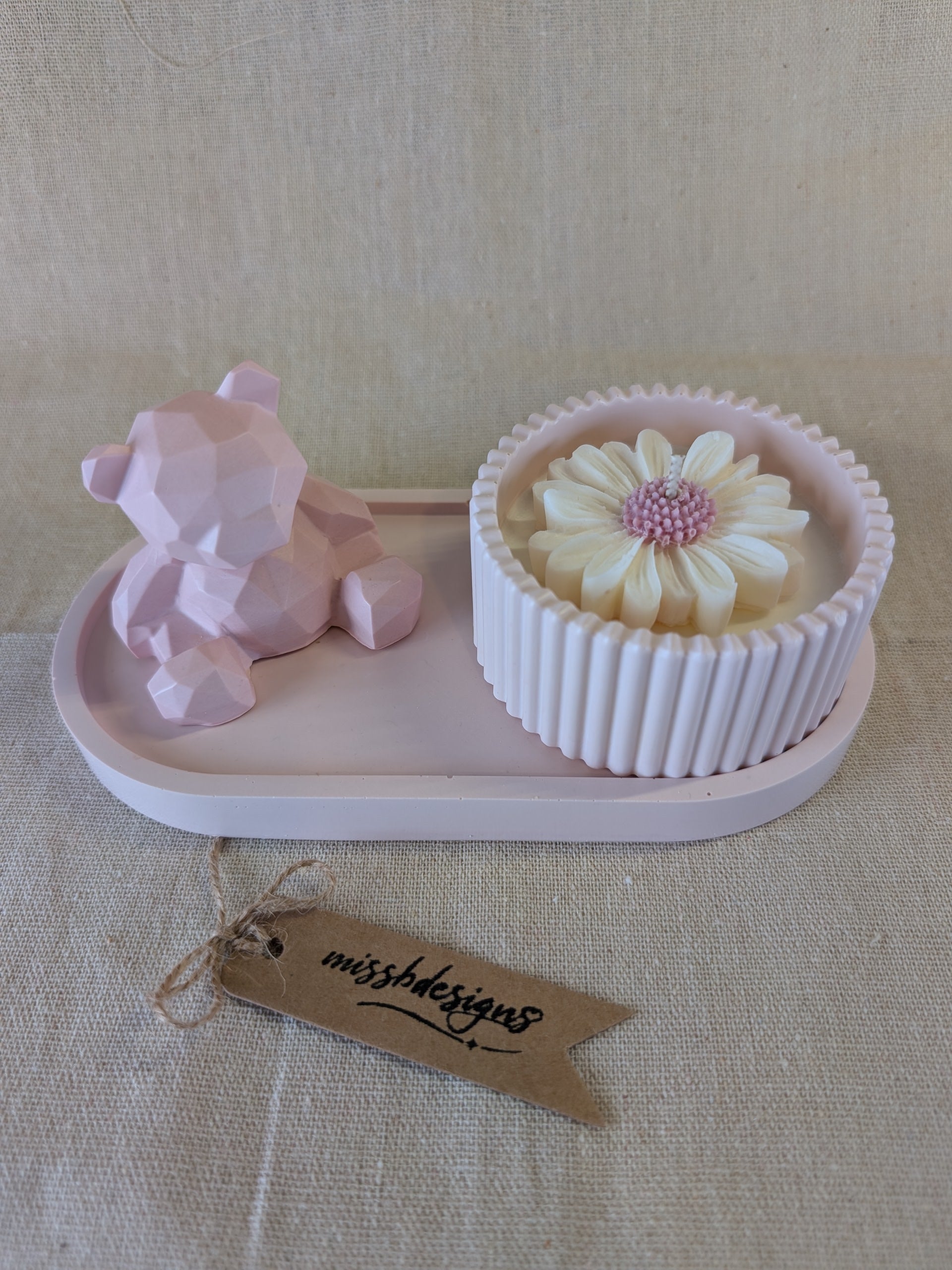 Baby shower new baby teddy and candle gift set in eco resin with soy wax  vanilla scented candle baby pink