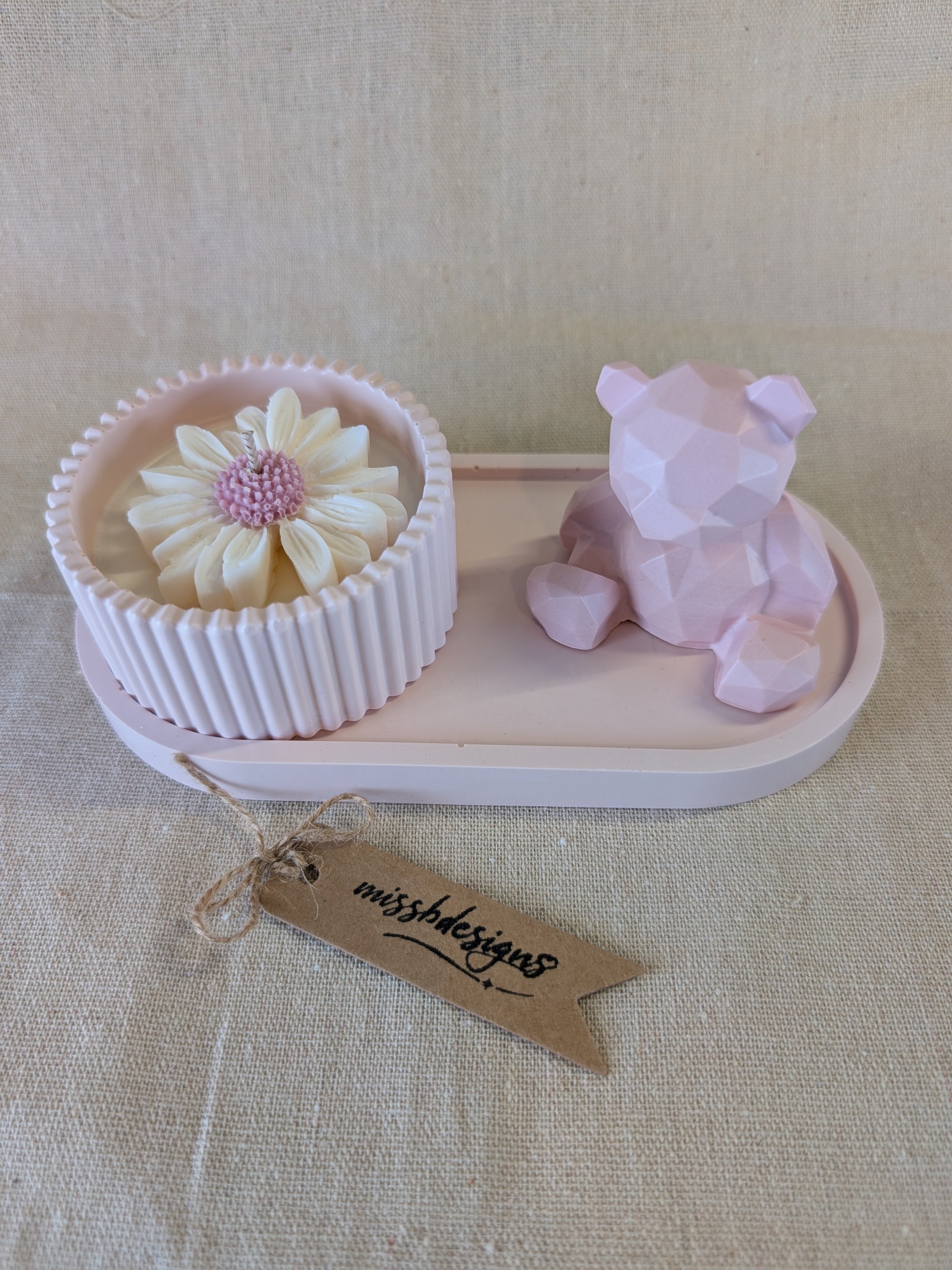 Baby shower new baby teddy and candle gift set in eco resin with soy wax  vanilla scented candle baby pink