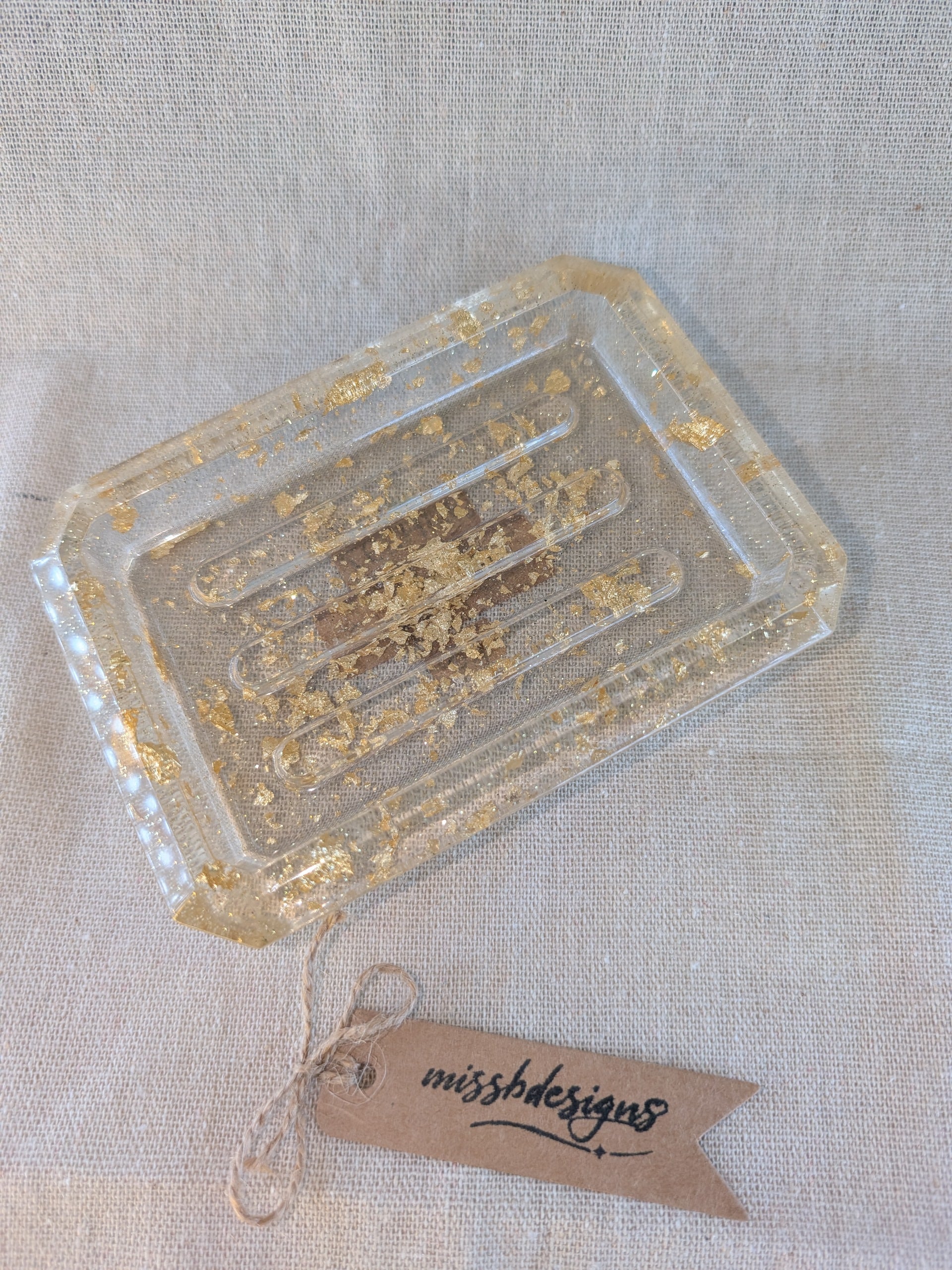 Clear resin and gold leaf soap dish handcrafted