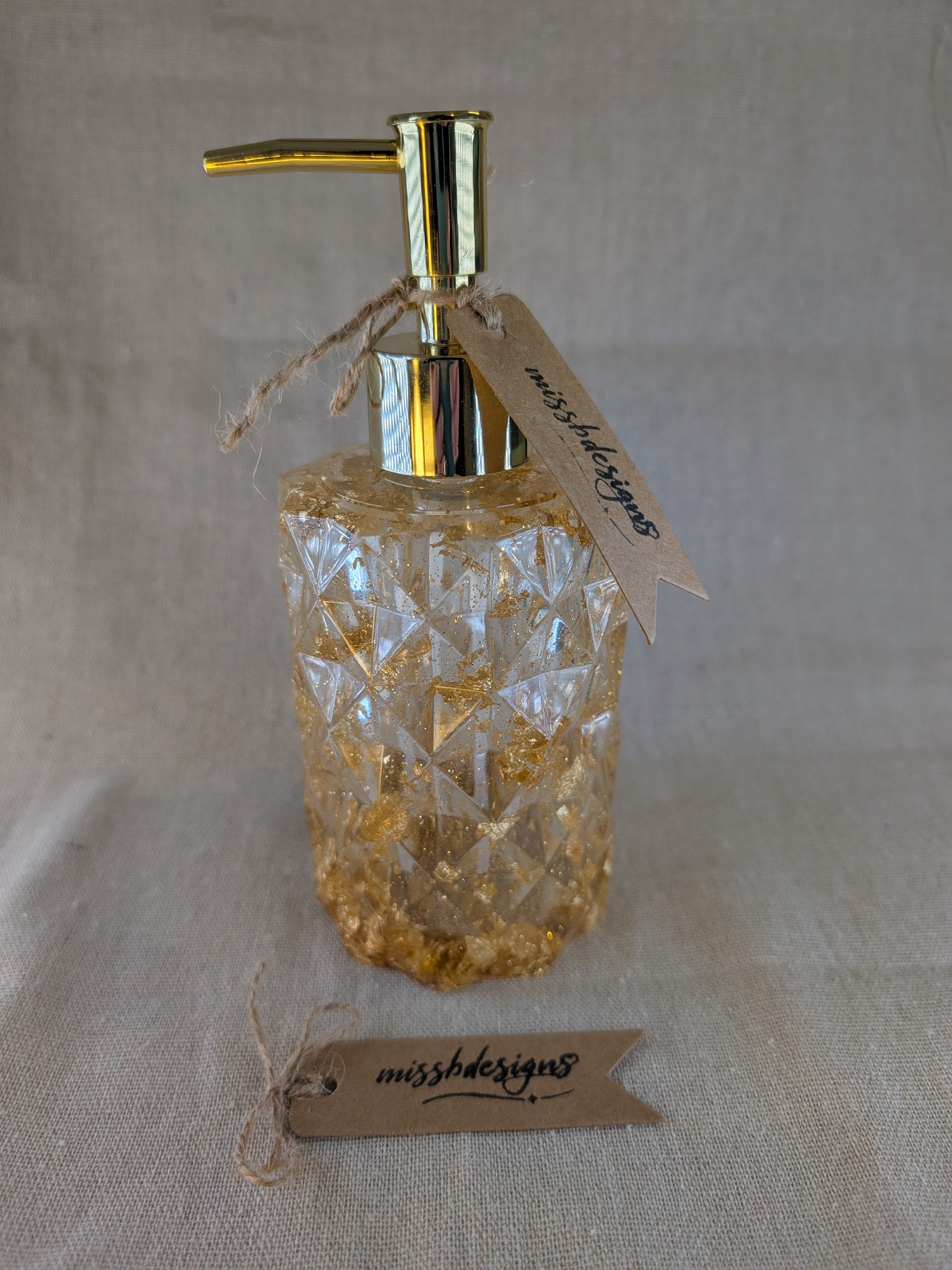 Gold leaf flecked resin soap dispenser handcrafted with gold pump