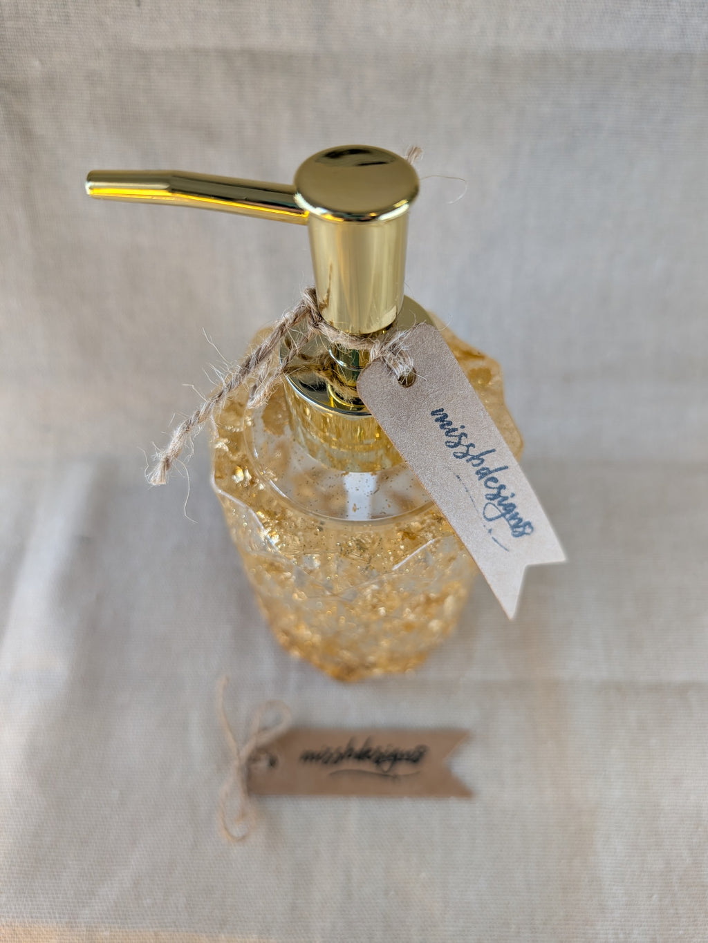 Gold leaf flecked resin soap dispenser handcrafted with gold pump