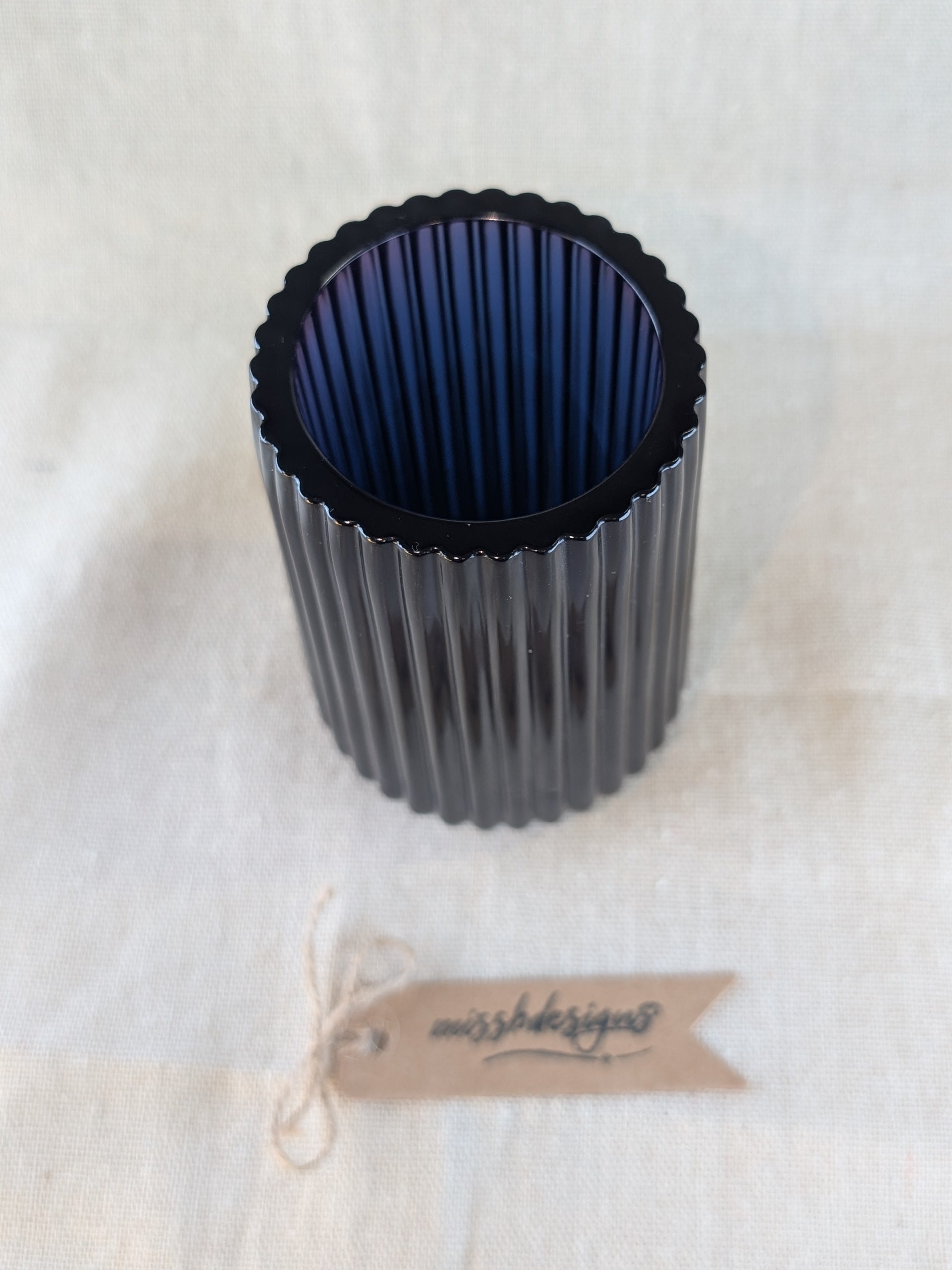 Deep Blue ribbed resin vase toothbrush holder handcrafted