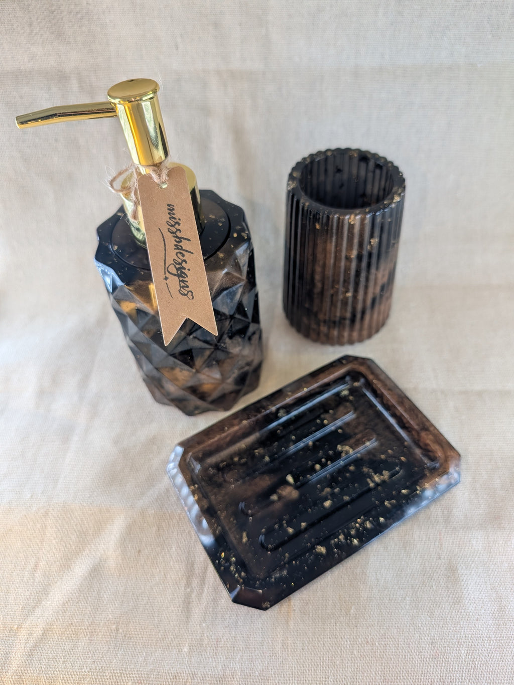 Dark brown coffee and bronze gold flecked soap dish handcrafted from resin