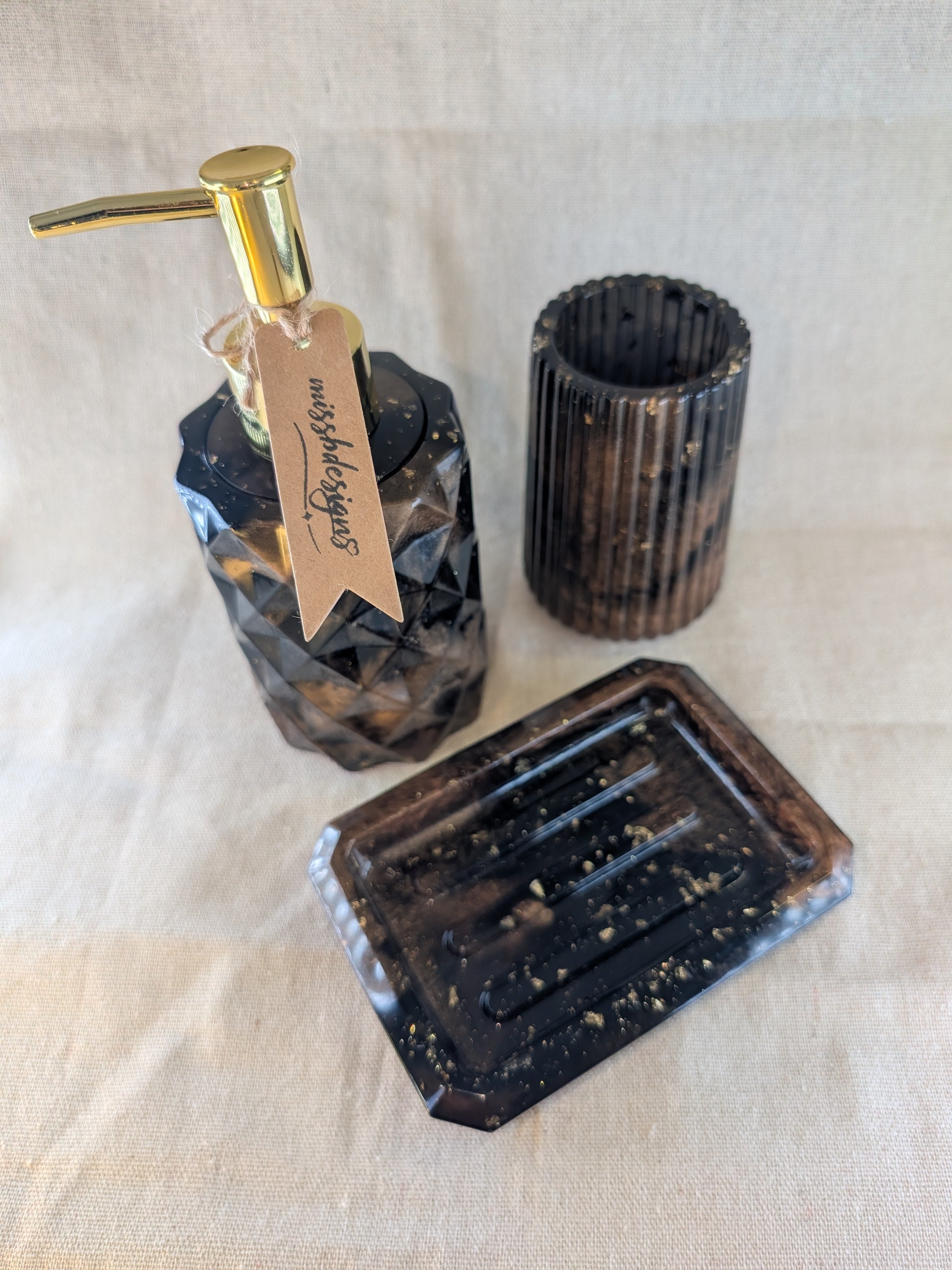 Dark brown coffee and bronze gold flecked soap dish handcrafted from resin