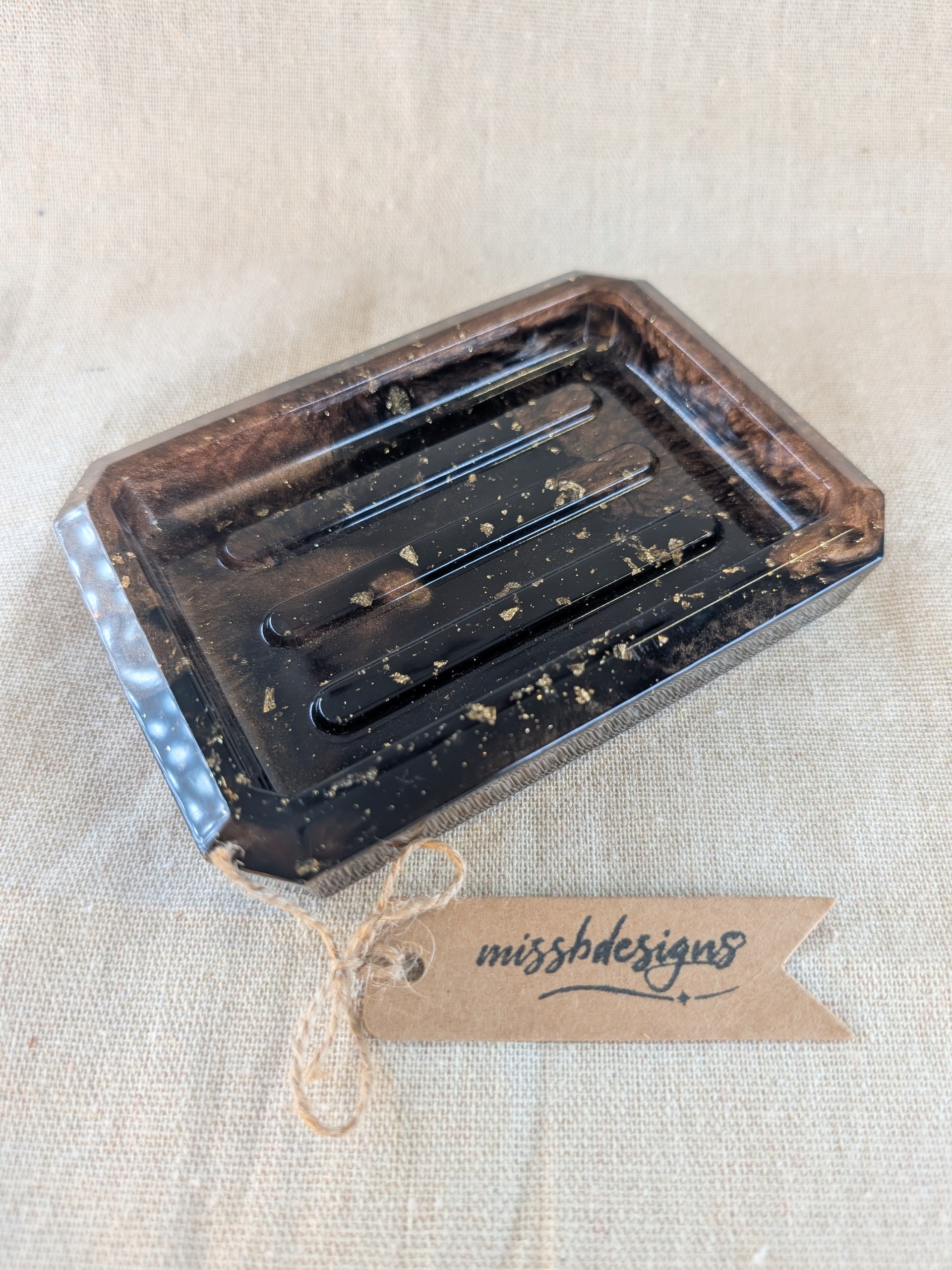 Dark brown coffee and bronze gold flecked soap dish handcrafted from resin