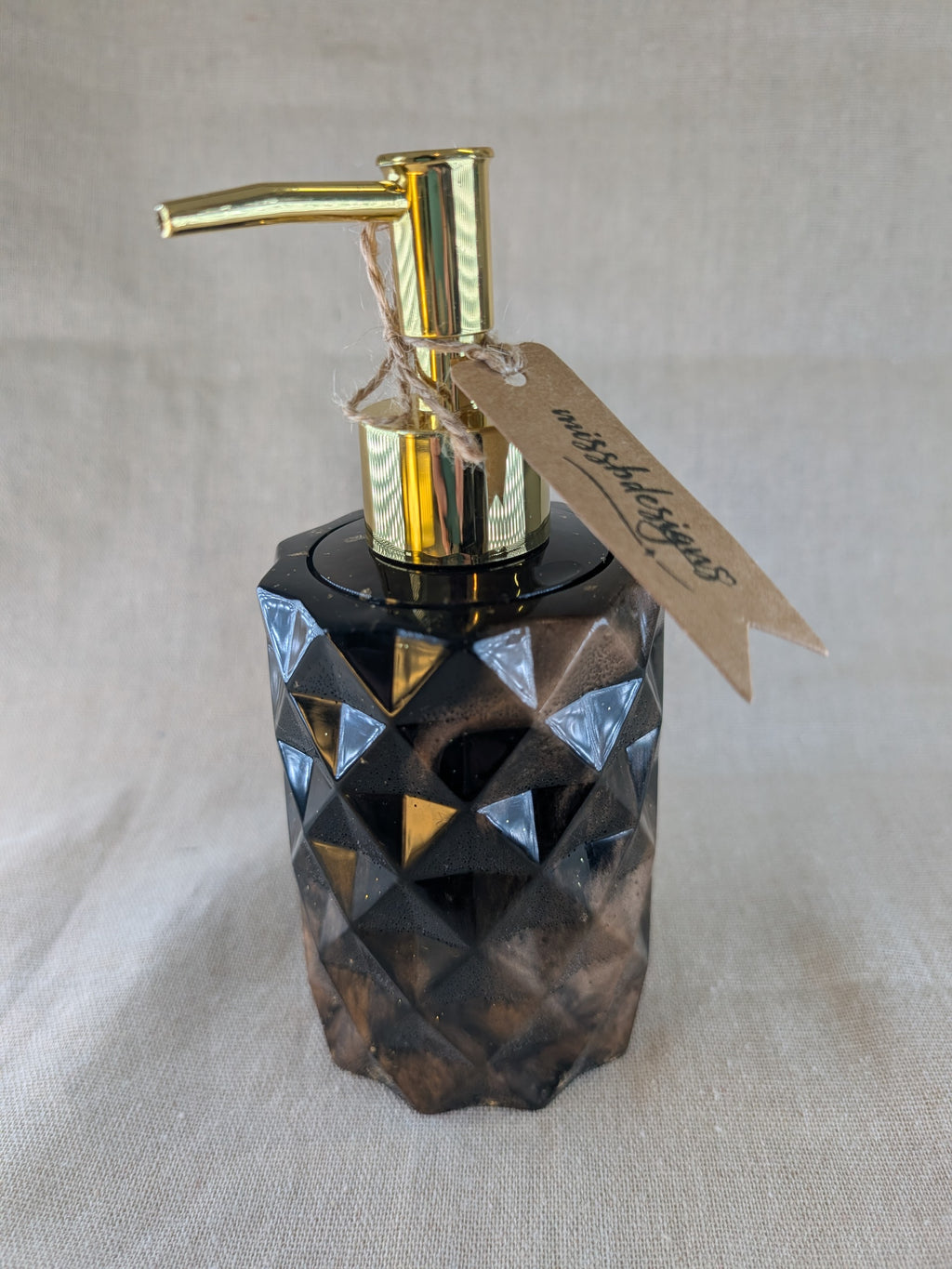 Dark brown and gold handcrafted resin soap dispenser with pump