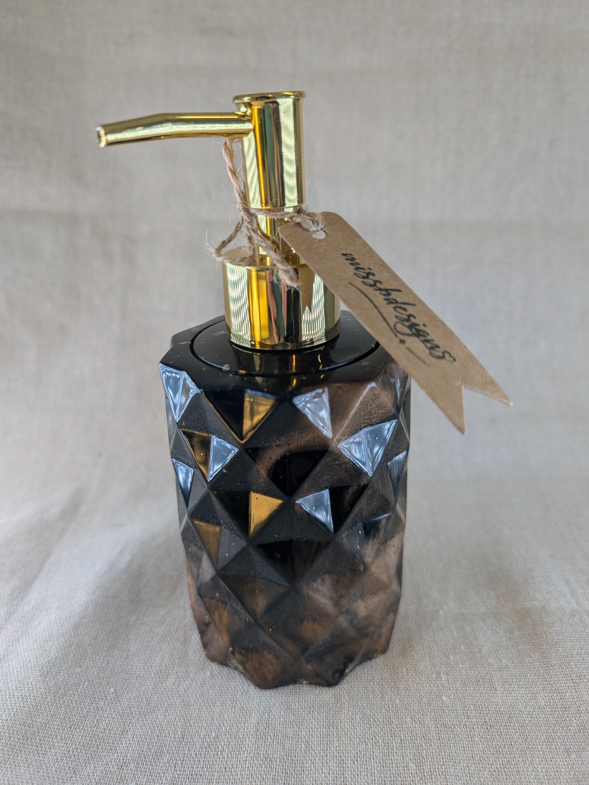 Dark brown and gold handcrafted resin soap dispenser with pump
