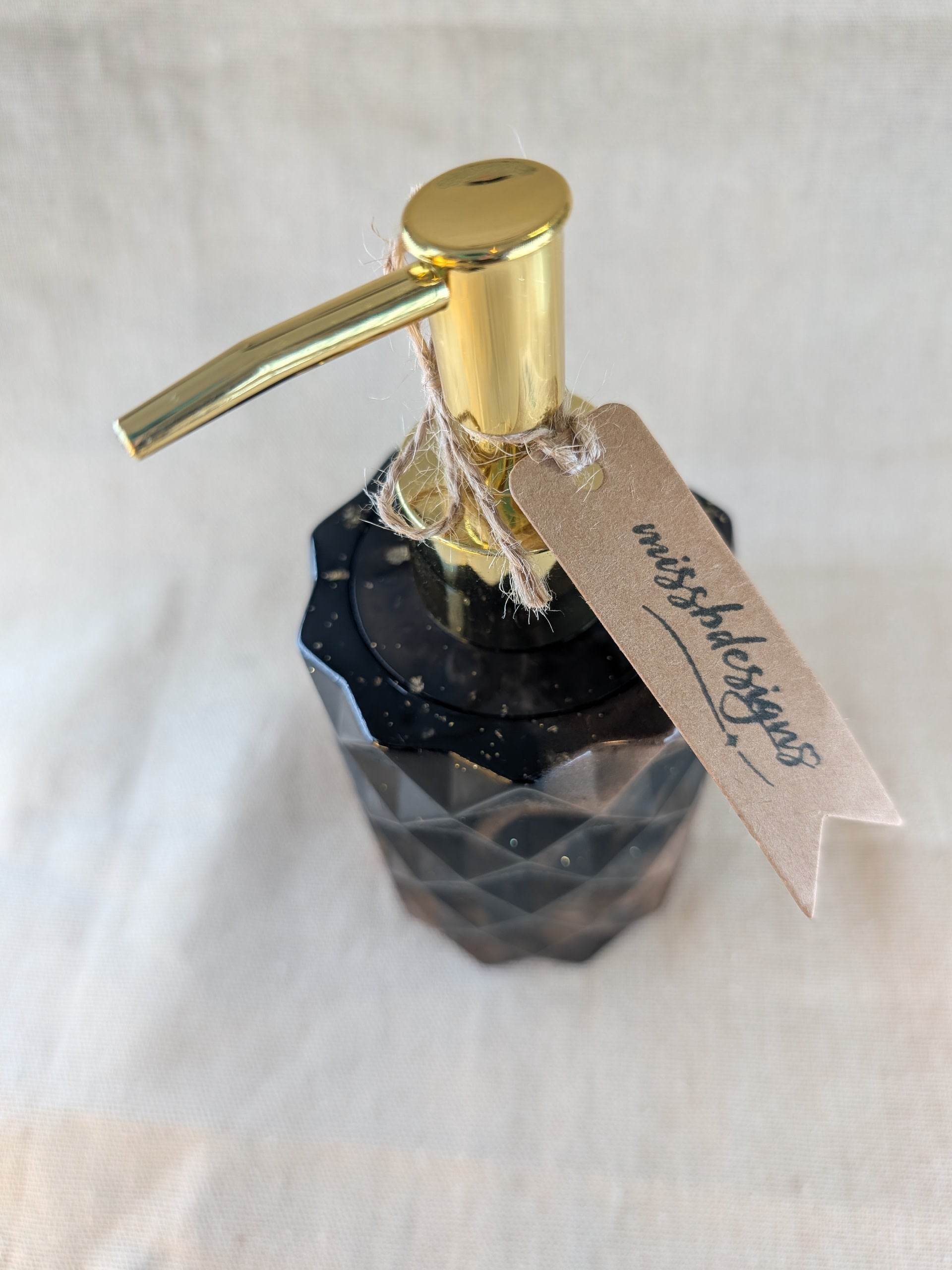 Dark brown and gold handcrafted resin soap dispenser with pump