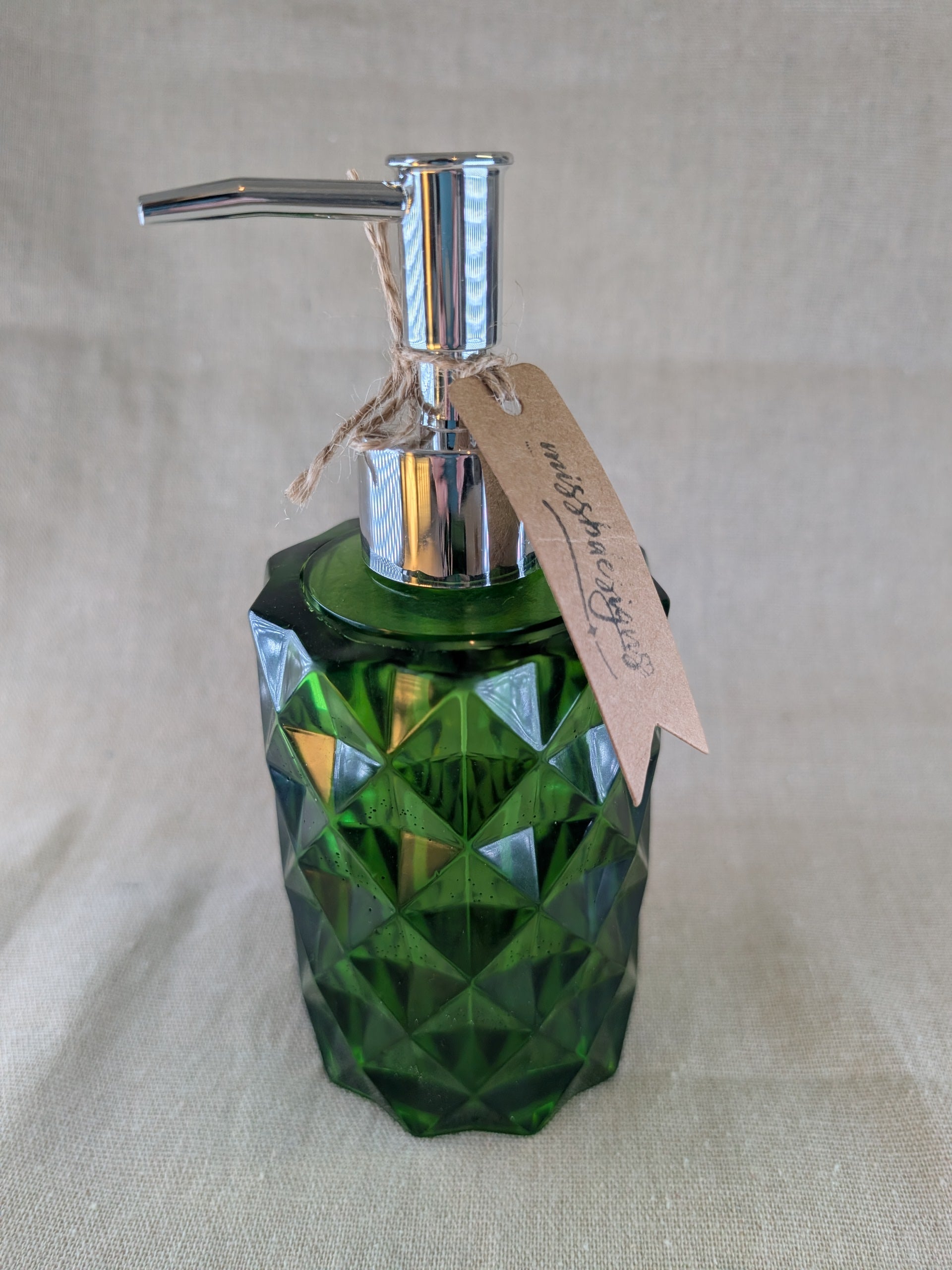 Fern green soap lotion dispenser with chrome pump handcrafted