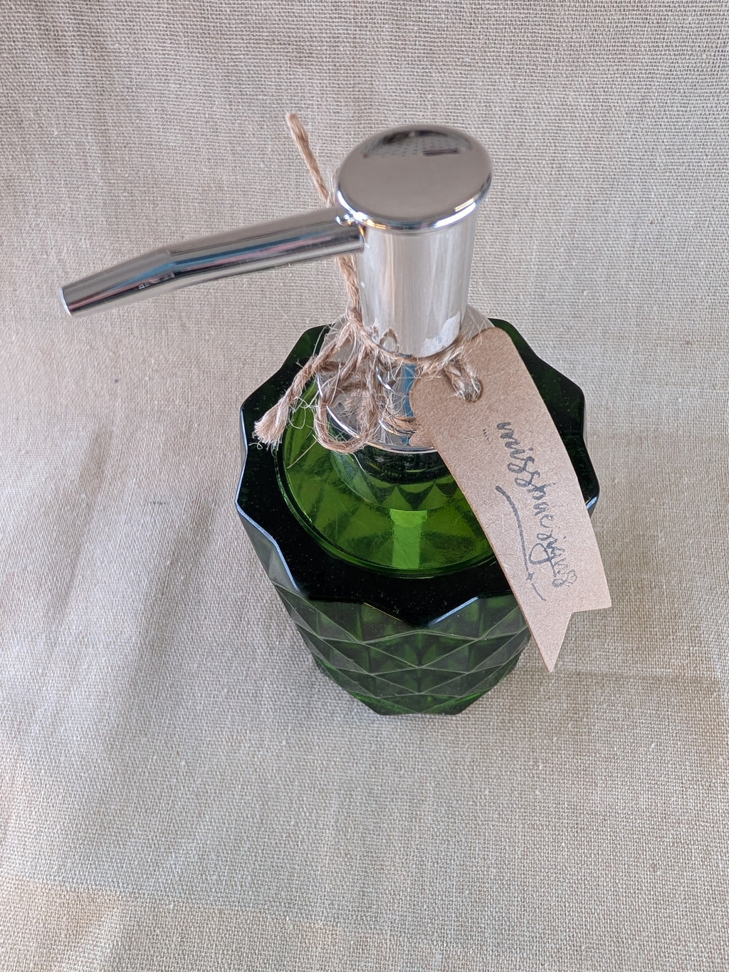 Fern green soap lotion dispenser with chrome pump handcrafted
