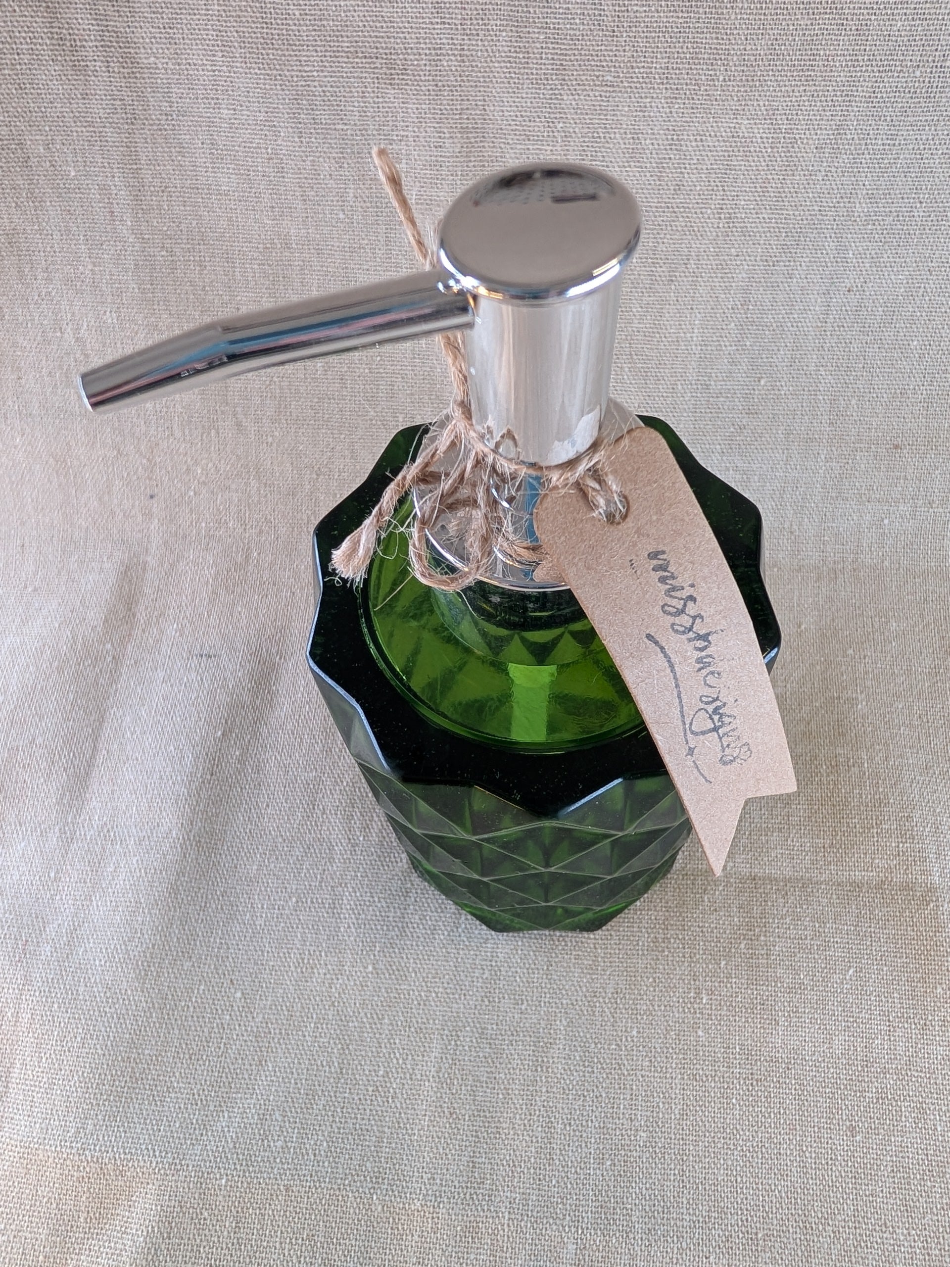 Fern green soap lotion dispenser with chrome pump handcrafted