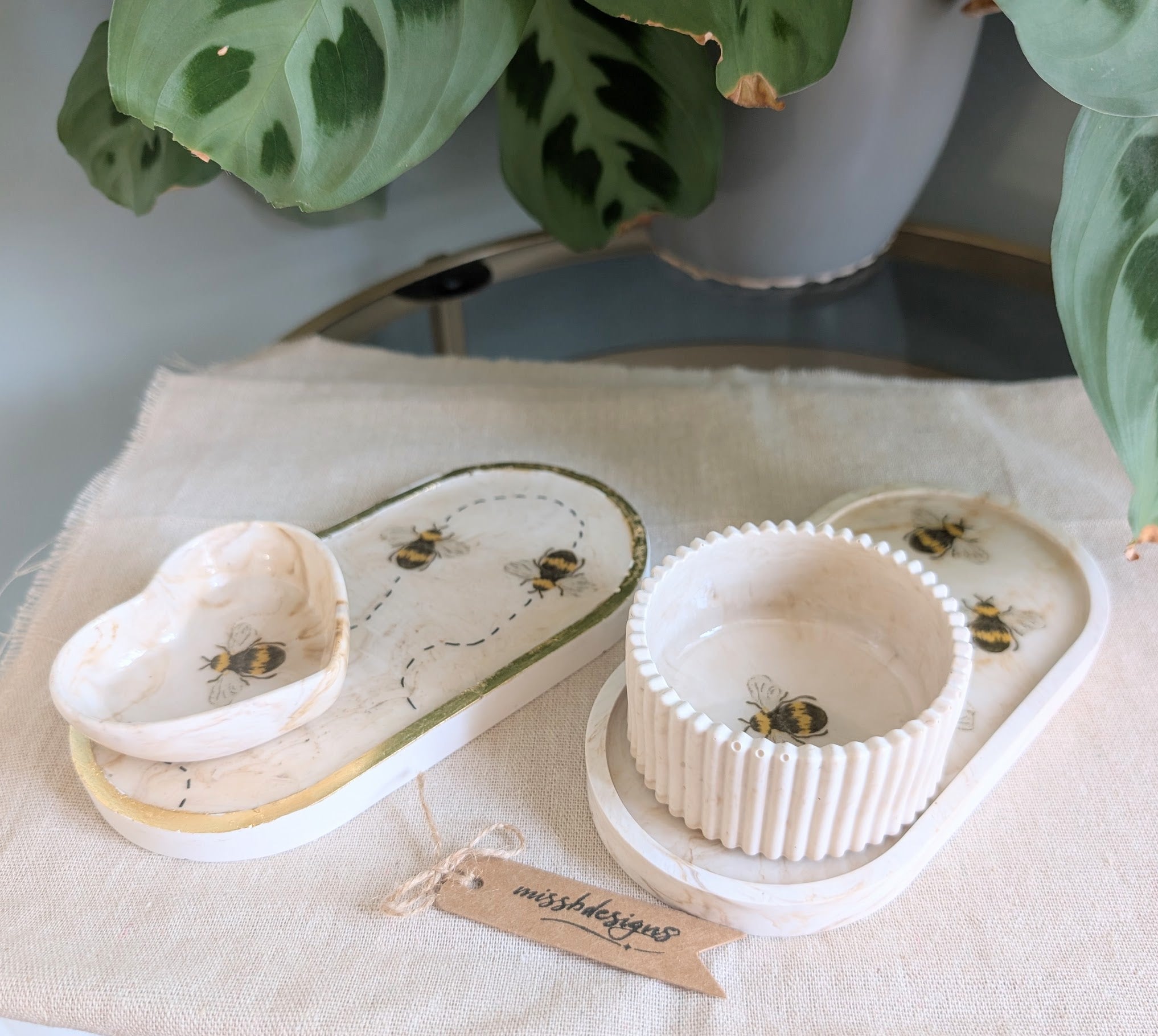 Bumblebee Trinket tray made from beige marble neutral eco resin jesmonite with bee images and epoxy resin seal for the perfect gift