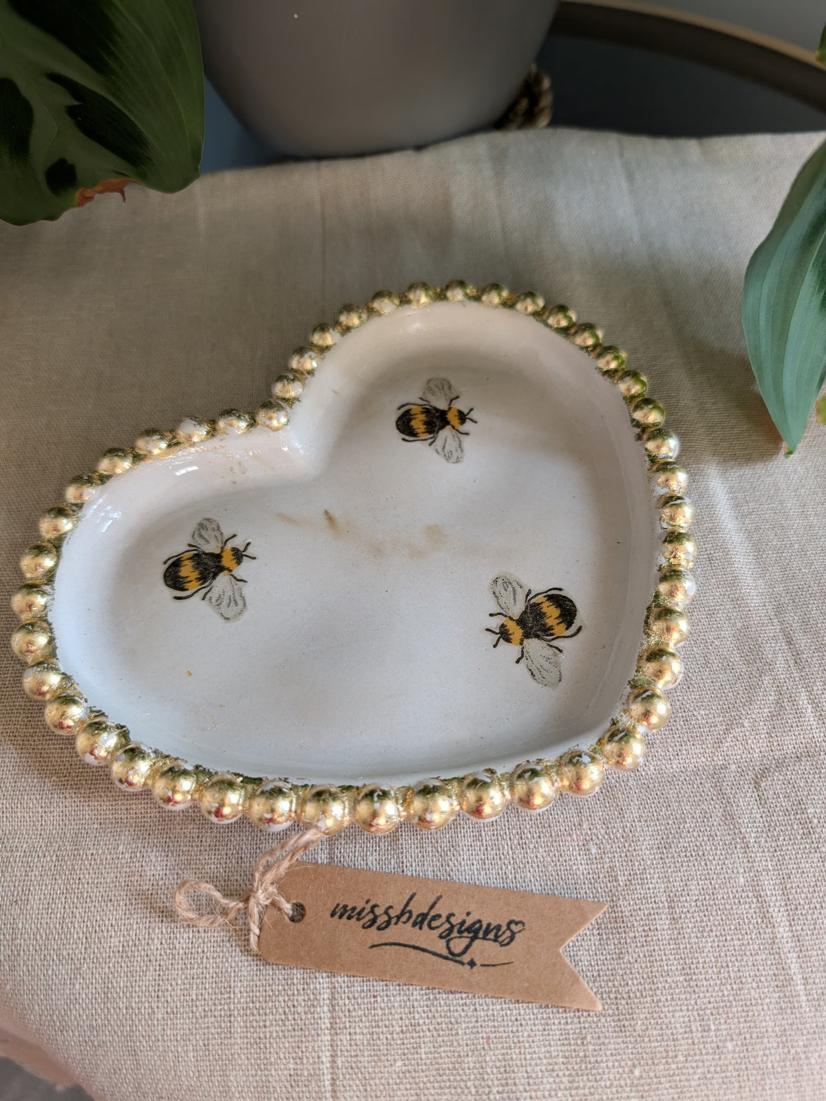 Heart Shaped Bumble Bee Hand crafted trinket tray with gold leaf trim