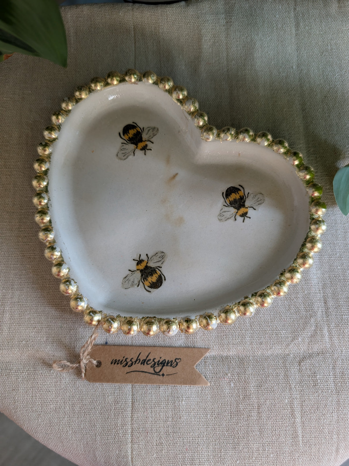 Heart Shaped Bumble Bee Hand crafted trinket tray with gold leaf trim