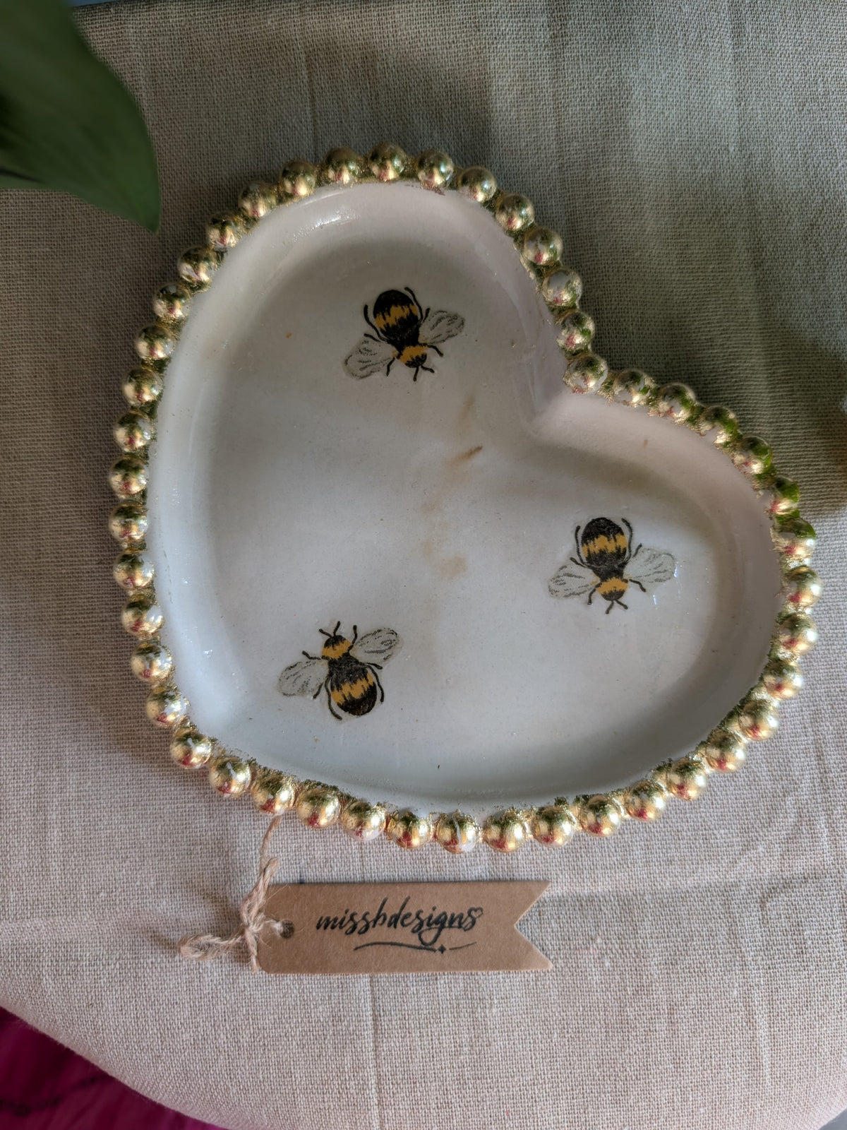 Heart Shaped Bumble Bee Hand crafted trinket tray with gold leaf trim